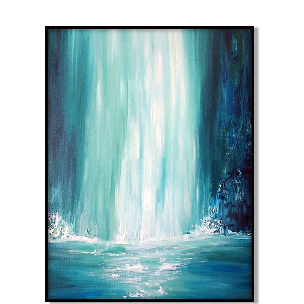 Pure Hand Painted Abstract Waterfall Oil Painting on Canvas Knife Modern Green Abstract Landscape Oil Painting for Room Decor