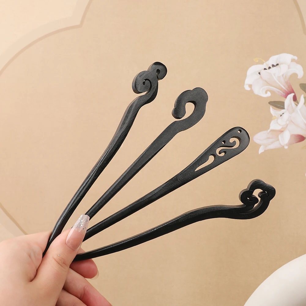 Black Wooden Hair Stick Female Head Handmade Flower Temperament Hairpin Vintage Simple Retro Hairpins For Girl