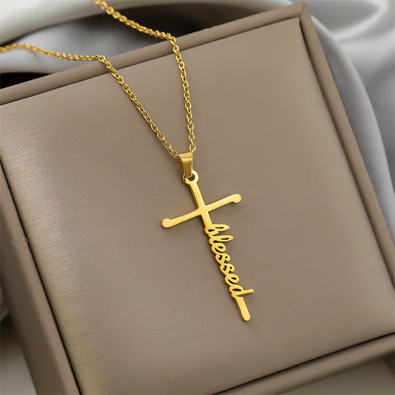 Hot Selling Religious Necklaces Jewelry High Quality Thicken Stainless Steel Trust Patience Hope Blessed Cross Charm Necklace