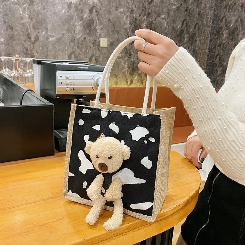 Custom Eco-Friendly Jute Gunny Shopping Tote Bags With Cute Bear Doll And Logo