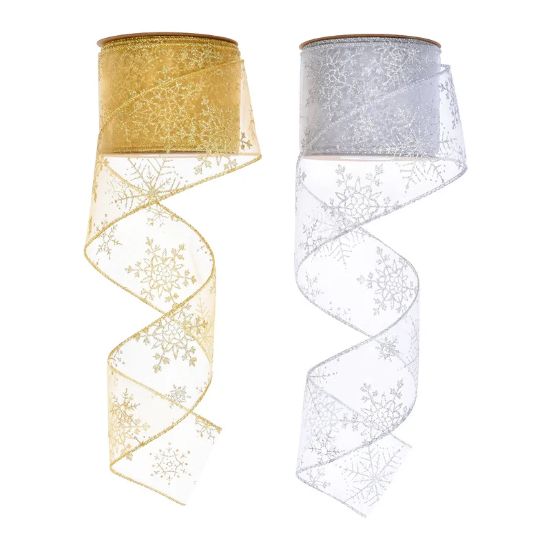 63mm high quality transparent christmas snowflake ribbon glitter wired edge christmas strap  for out door decoration