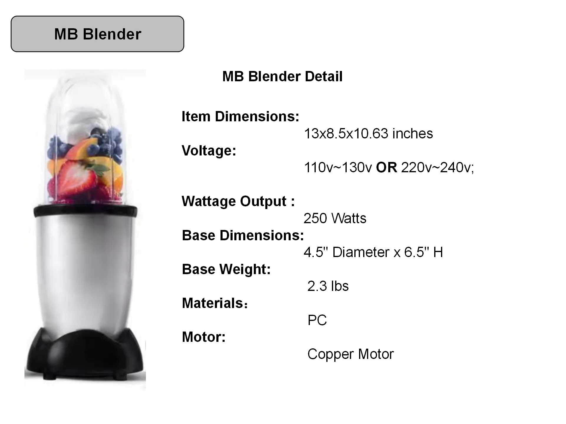 110V High Performance Household Fast and Multifunction MB Blender Mixer OEM
