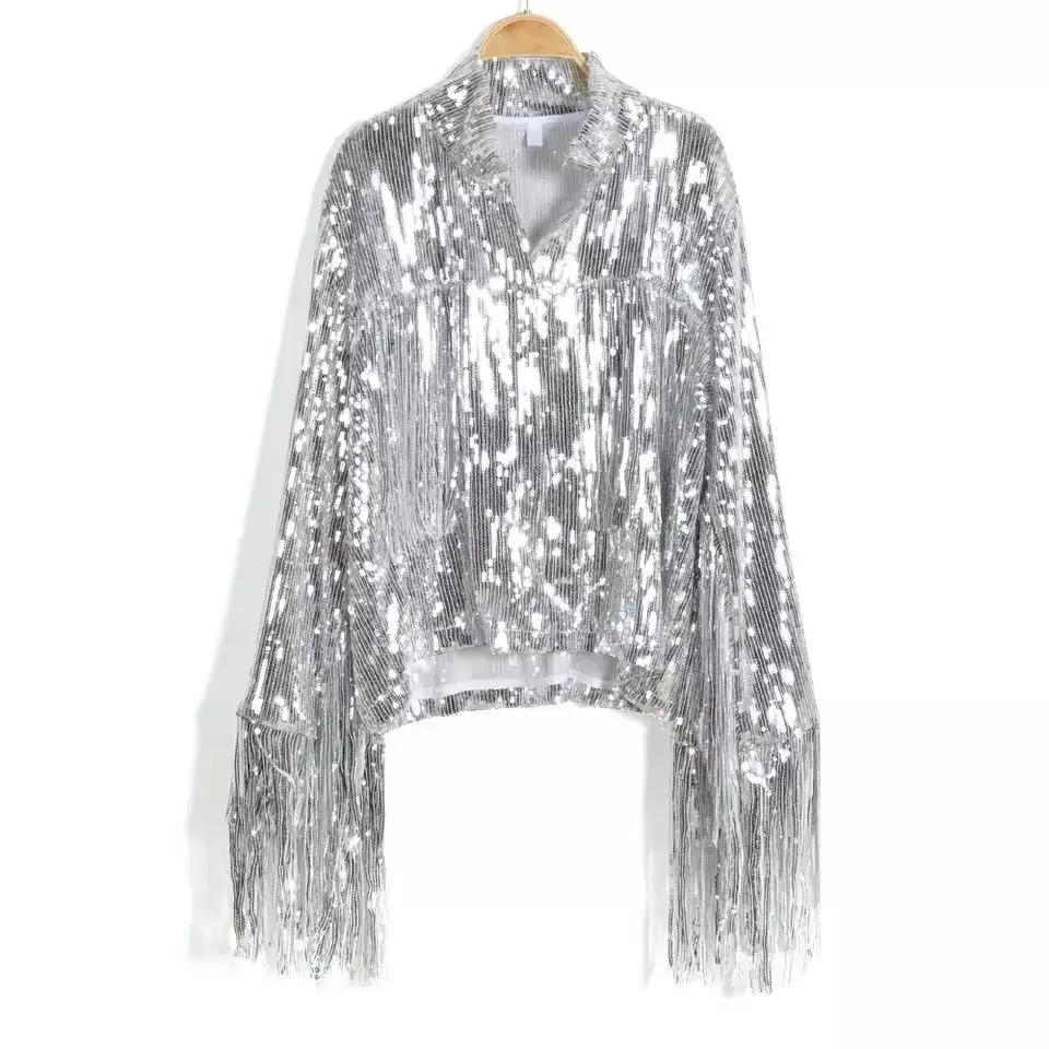 2024 Fashion Women Hip Hop Party Club Sliver Coats OEM Custom Sequin Tassel Retro Streetwear Fringe Jackets