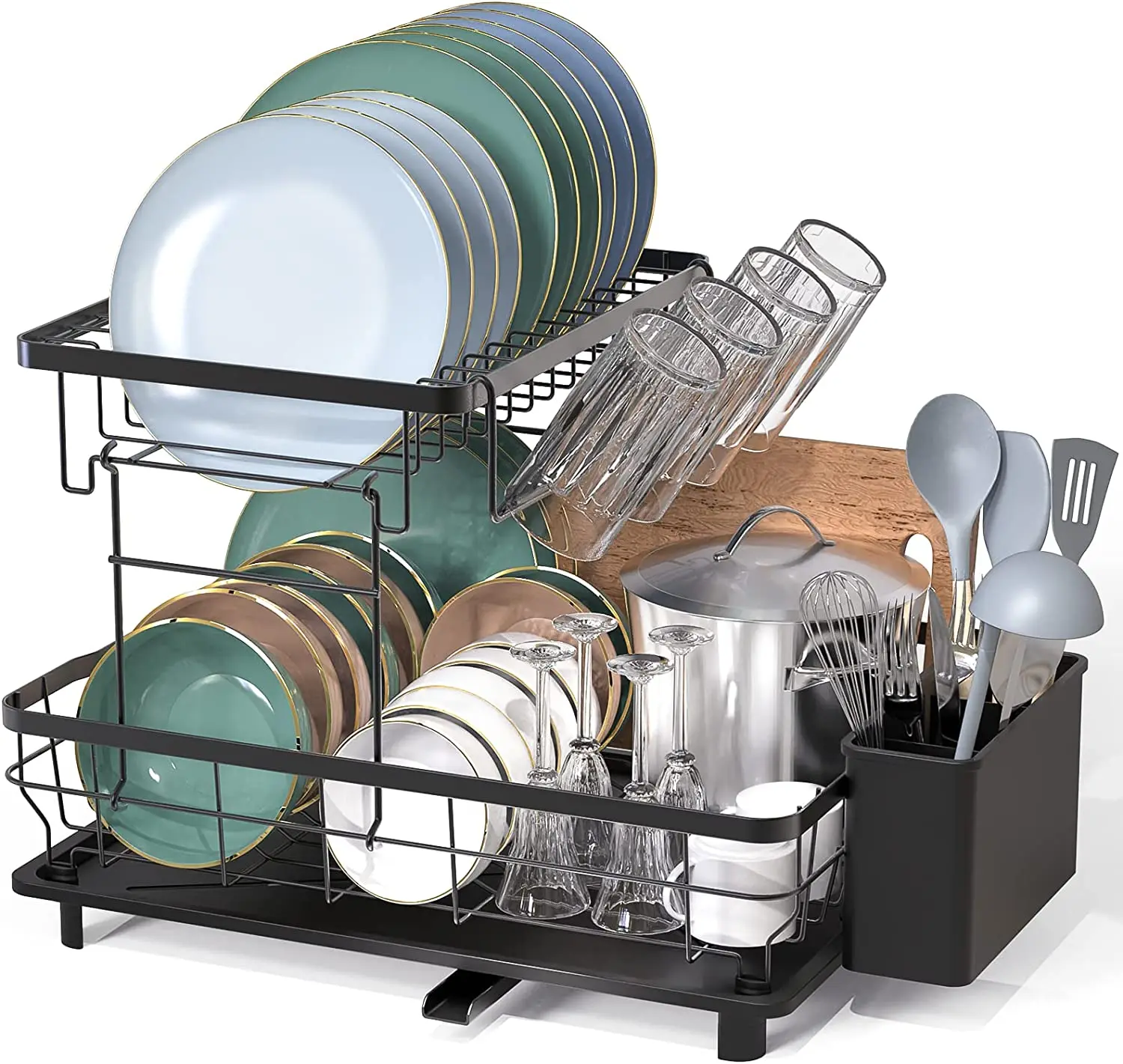 Expandable Double Tier Metal Wire Kitchen Dish Storage Racks Large Dish Drying Rack and Utensil Cutlery Holder with Drainboard