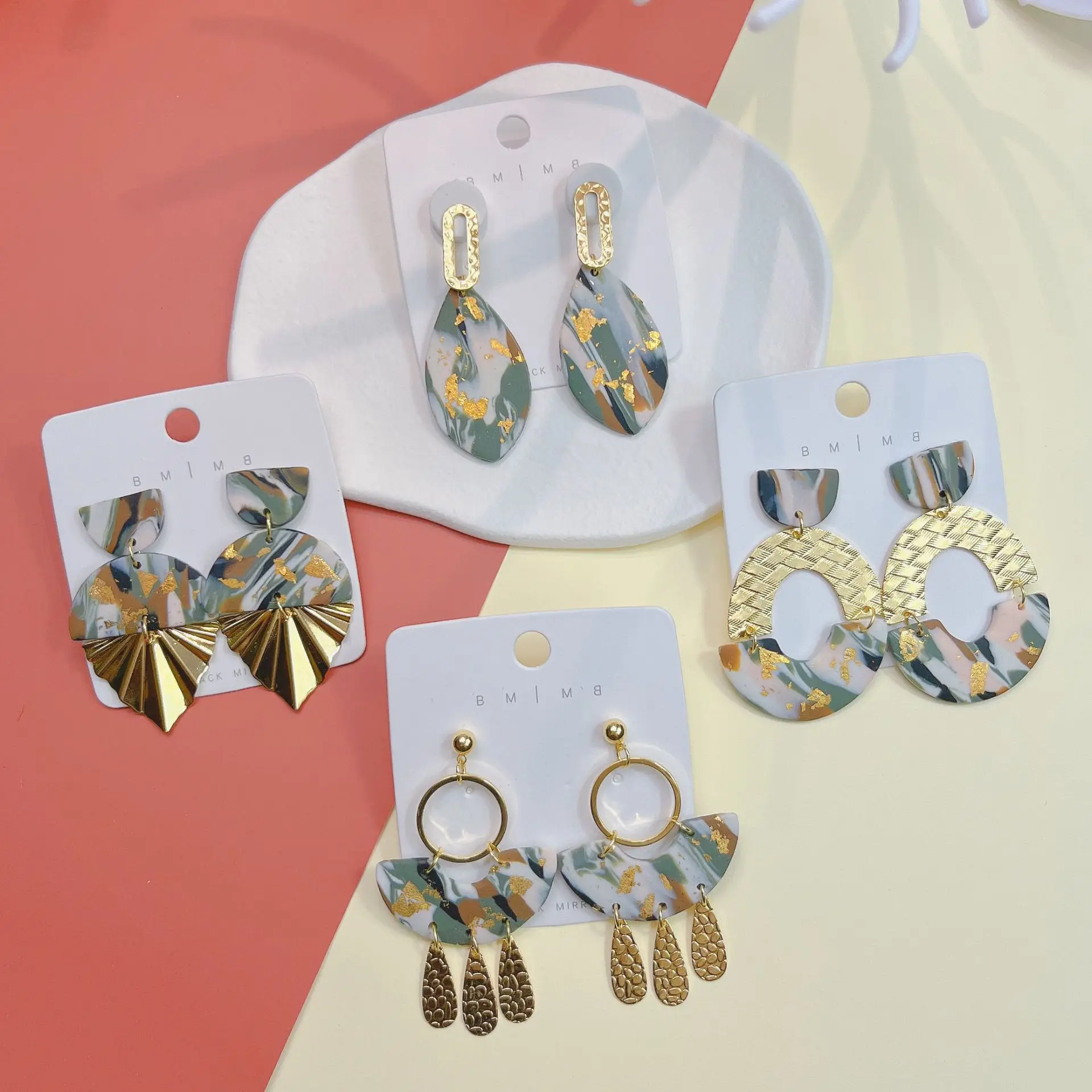 2024 Geometric Bohemian Layered Polymer Clay Dangle Earrings Handmade Long Minimalist Gold Foil Flower Clay Statement Earrings