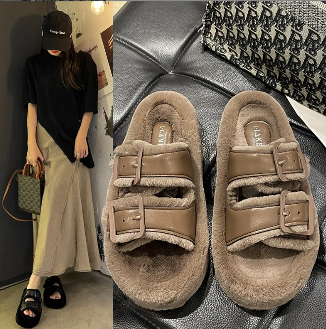 Fluffy Outdoor Warm Open Toe Shoes Casual Thick Sole Slippers Women Winter Simple Elegant Slippers Custom Slippers With Logo