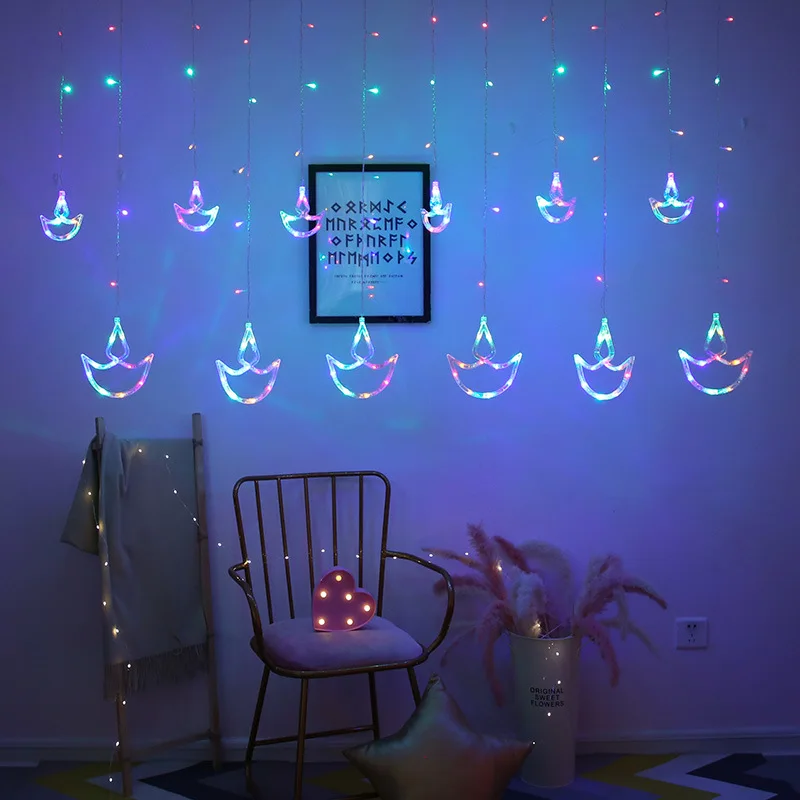 Waterfall Colorful LED window DIYA Diwali string light Indian boat Anchor curtain Diwali festival light