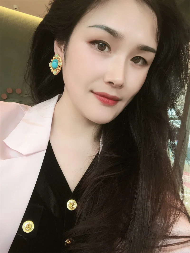 Retro palace style jewelry geometric studs earrings golden turquoise earrings