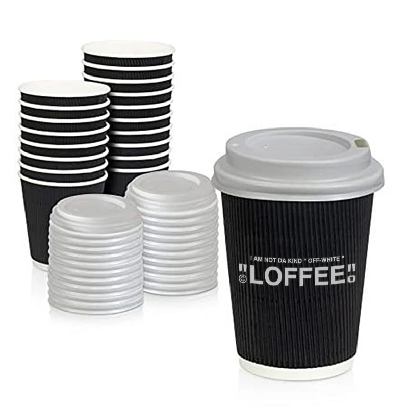 LOKYO Food grade eco friendly take away pla 8 10 12 16 20 oz disposable black ripple double wall hot coffee paper cup with lids