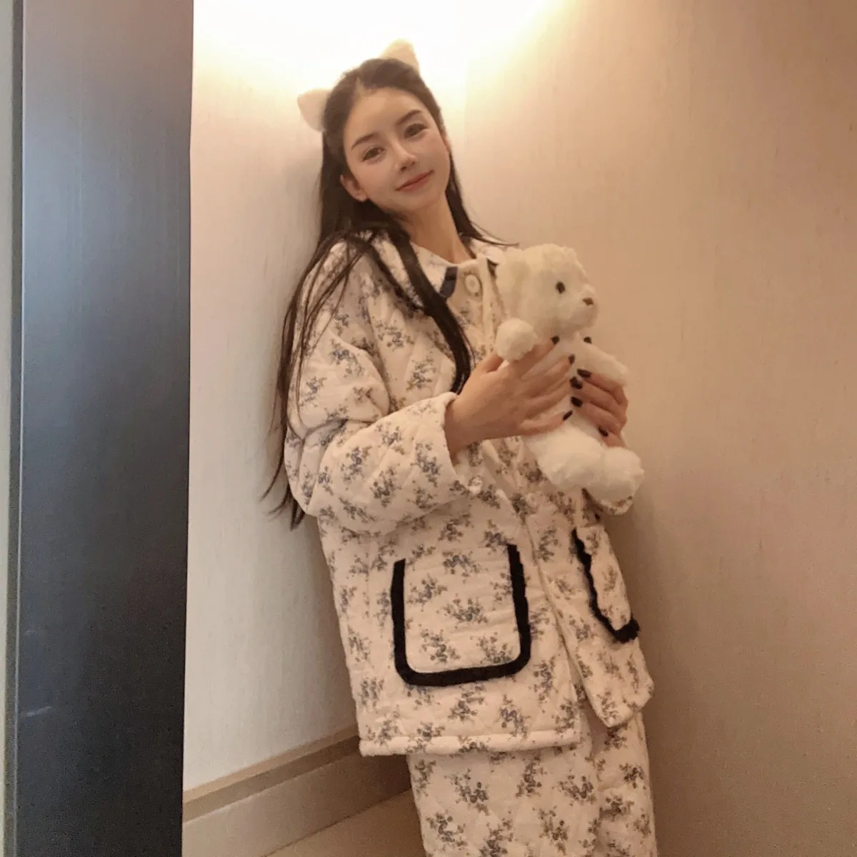 Casual Animal Pattern Winter Warm Robe Set Cotton Padded Lapels and Woven Fabric XL Size with Custom Logo for Home Clothes