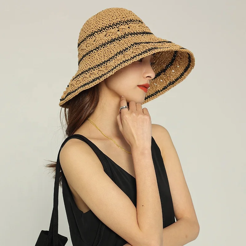 2024 Wholesale Beach Wide Brim Floppy Sun Hat Summer Hollow out Breathable UPF50+ Stripe Hand Woven Packable Straw Hat for Women