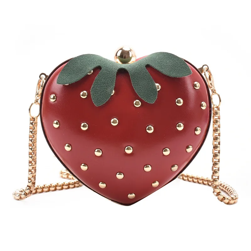 New Trendy Women Heart Shape Day Clutch Rivet Design Mini Women Strawberry Shoulder Bag Gift Bling Evening Ladies Handbag