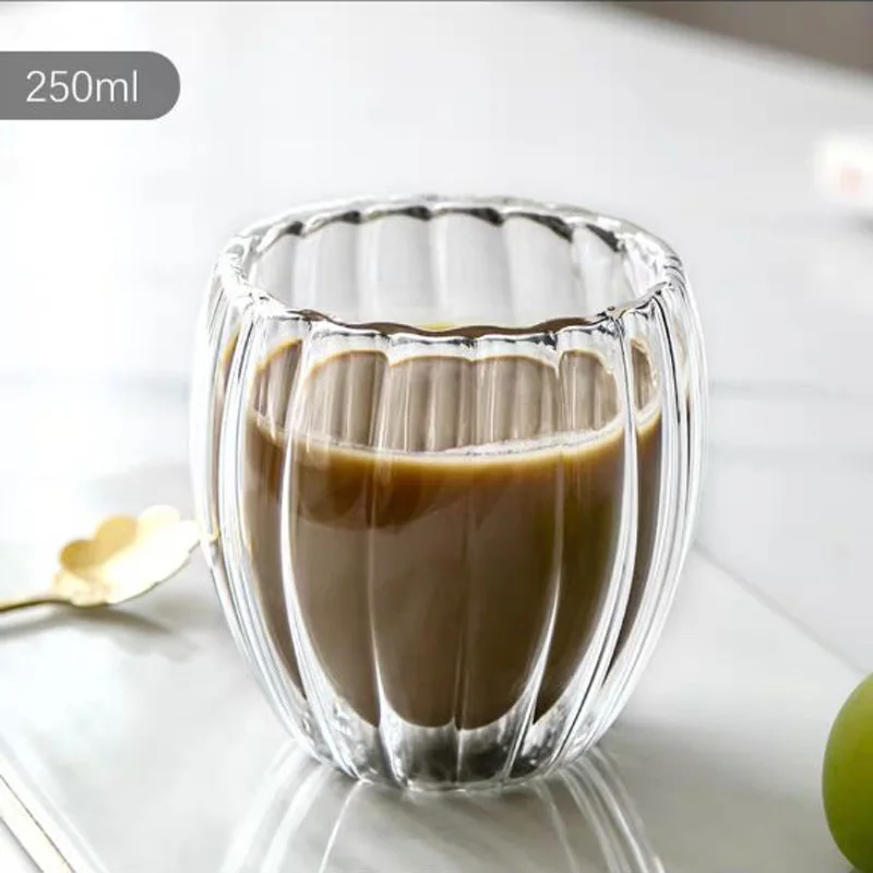 Striped Double-decker Glass Transparent Coffee Cup Milk Cup Tea Cup High Borosilicate Glass Home