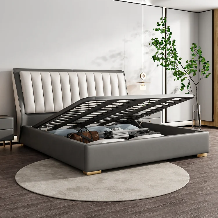 Modern Bedroom Furniture European Style fabric leather Upholstered Platform storage queen bed