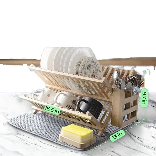 Bamboo 3-layer Large Foldable Drying Rack with Cutlery Rack Suitable for Kitchen Plates Cups and Cutlery Storage Holders & Racks