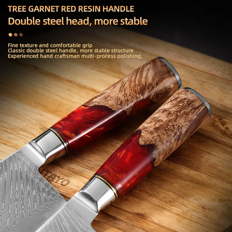 Wholesale high quality damascus steel chef knife kitchen knife accessories set kitchen knife with tree garnet red resin handle