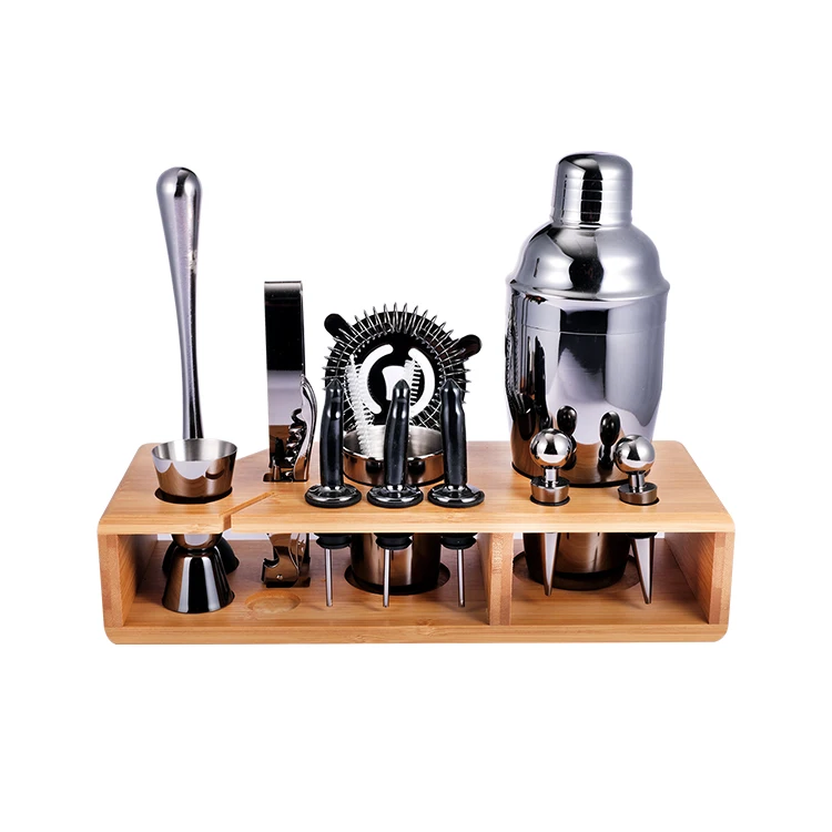 Professional Barware Tools Wooden Stand Stainless Steel Bartender Kit kit de barman Bar Accessories Jigger Cocktail Shaker Set