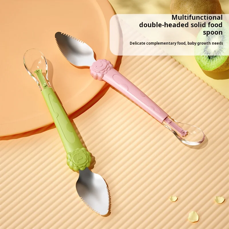 Wholesale 304 316 Baby stainless steel fruit scraping spoon silica gel dual double head feeding spoon fruit digging spoon
