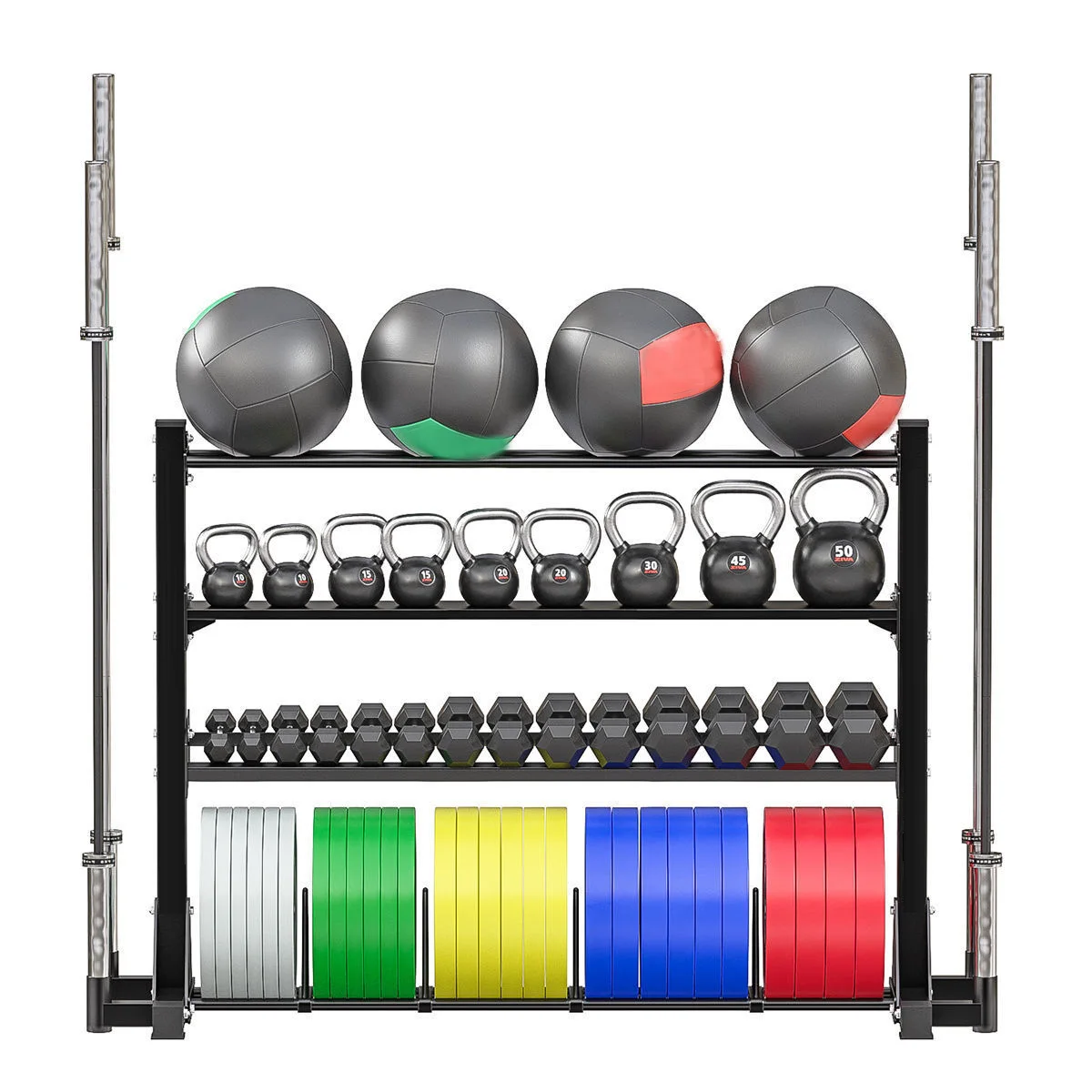 Multi Storage Rack wall Ball Kettlebell Dumbbell Bumper  Plate Barbell Bar Commercial Power Gym Rack