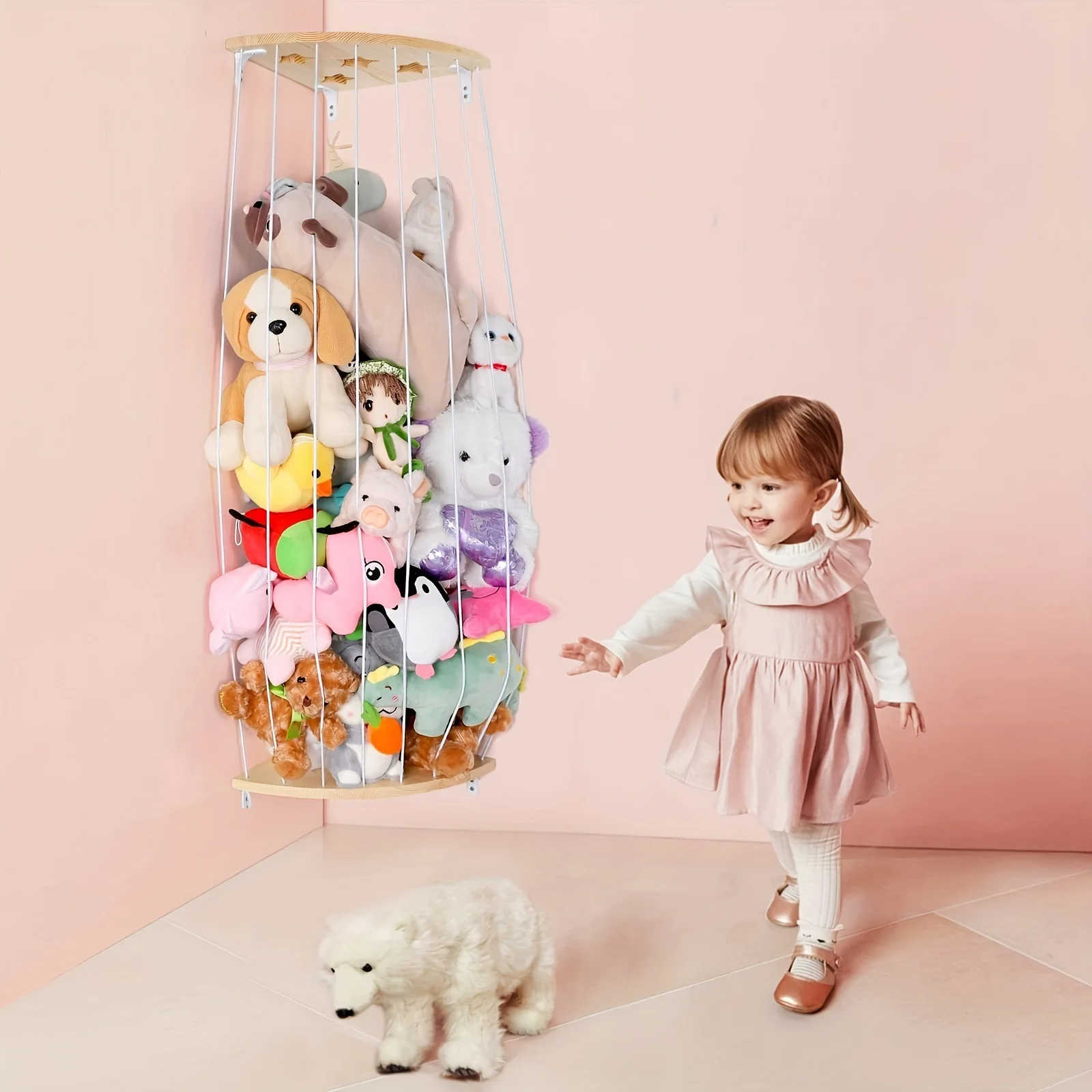 Stuffed Animal Storage Wood Corner Plush Toys Holder with Star Pattern Animal Toy Organizer Shelf for Nursery Play Room