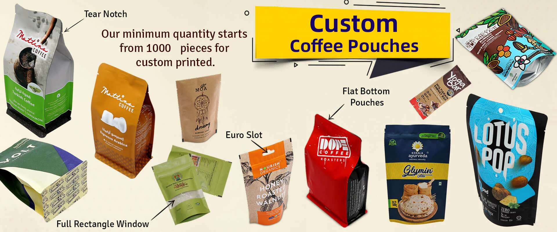 Custom Printed Stand up Coffee Pouch 8oz 12oz 16oz 100g 250g 500g1kg Tear Notch Zipper Squared Flat Bottom Coffee Bag with Valve