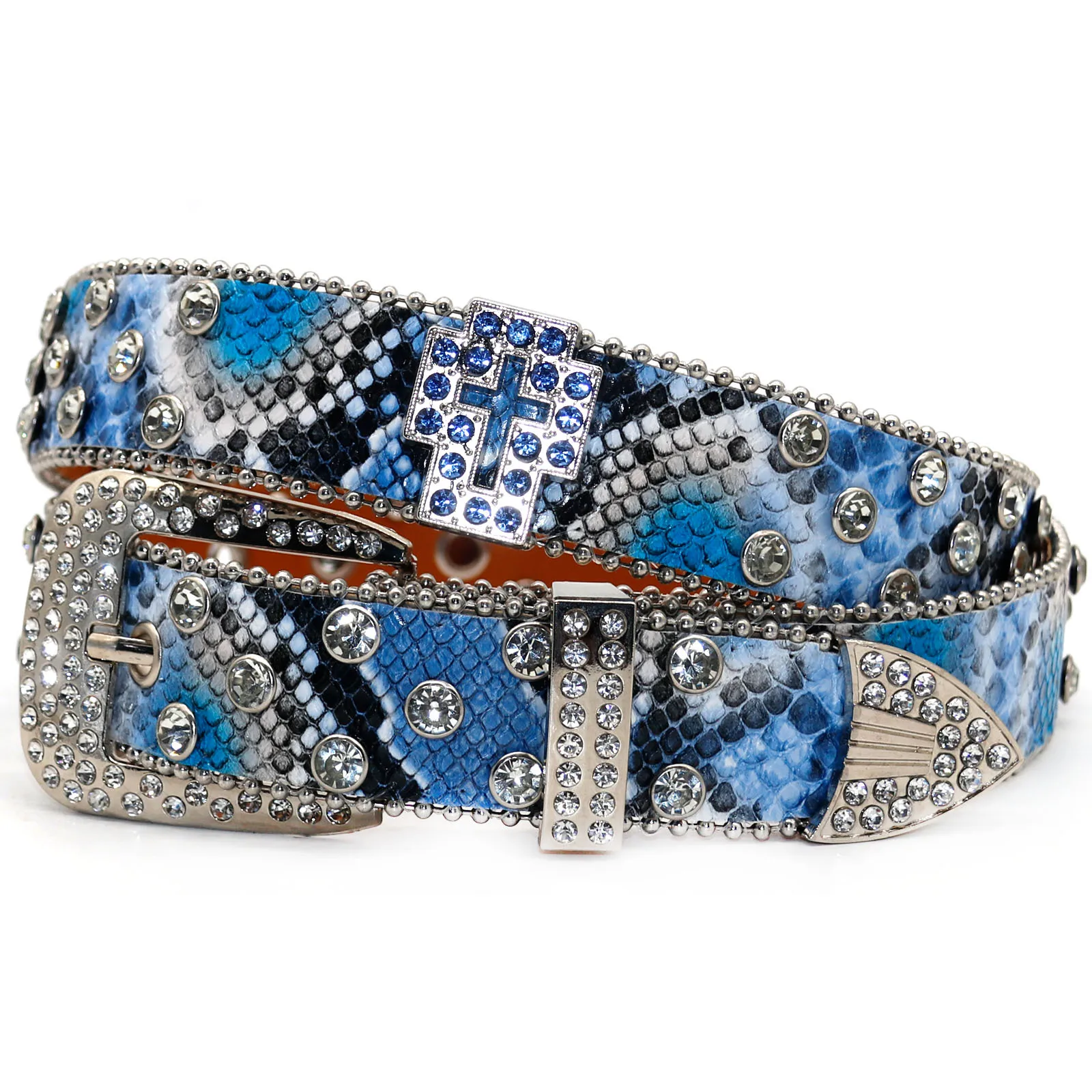 Western fashion snake PU belt blue sparkling rhinestone embedded Western Belt