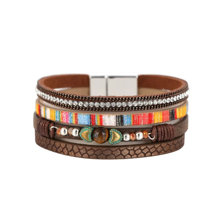 Amazon Hot Sale Multilayer Leather Bracelets with Magnetic Clasp Wide Mirco Pave Crystal Rhinestone Bohemian Wrap