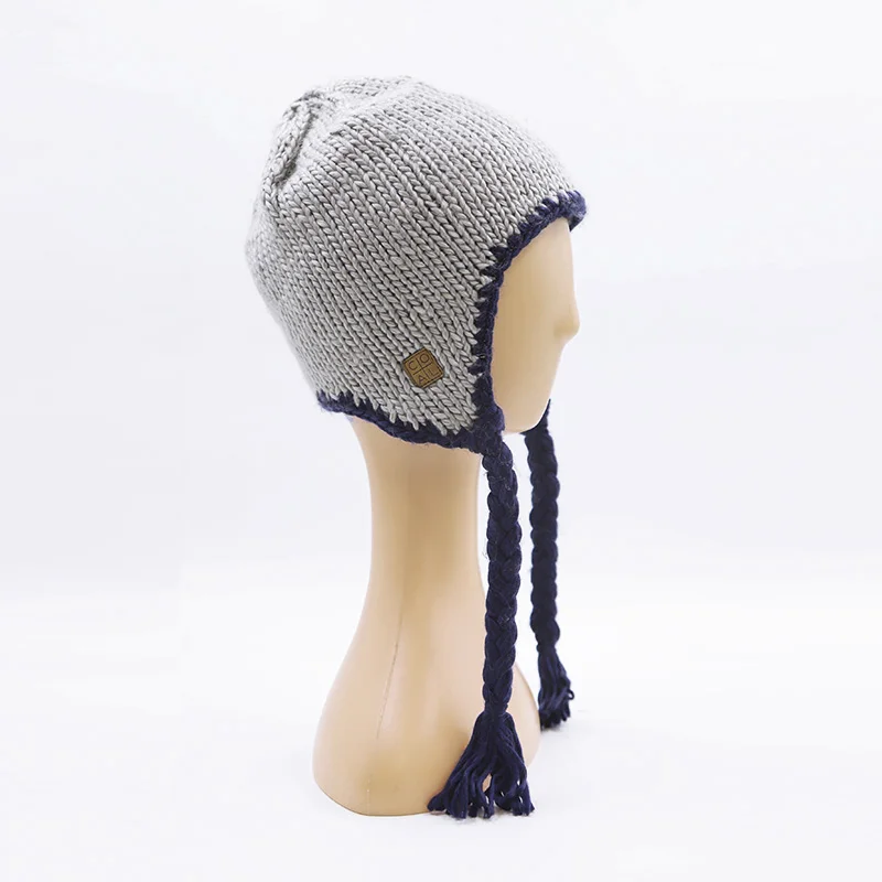 Custom Team Jacquard Pattern Knitted Braids Tassel Ear Flaps Winter Warm Cap Ear Cover Hat