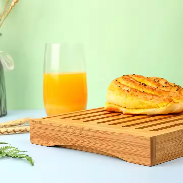Rectangle Bamboo Slotted Slicer Cutting Board With Bread Crumb Catcher Wooden Custom with Crumbs Tray for Chopping and Serving