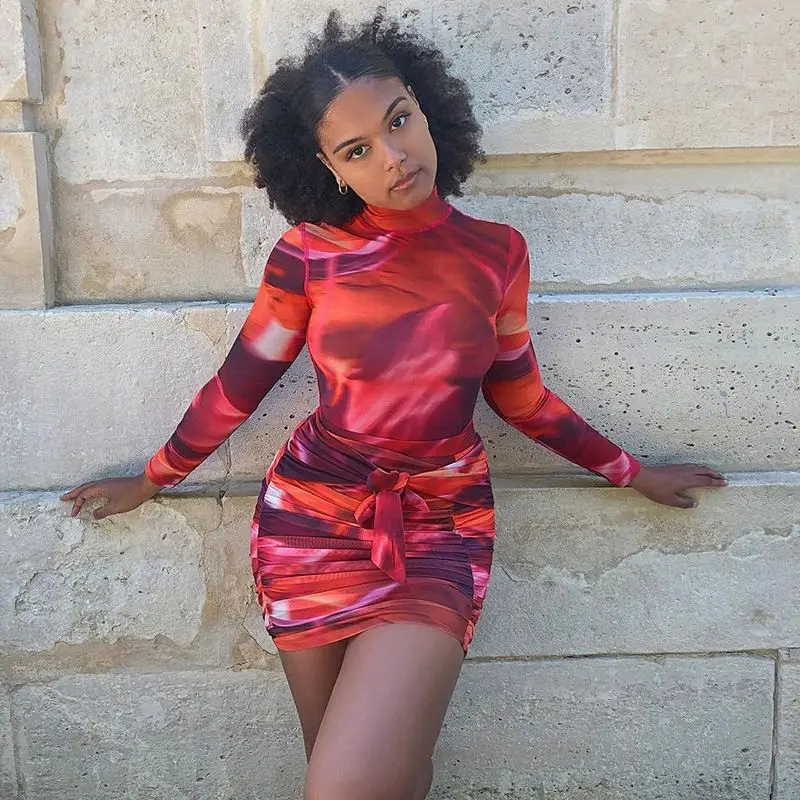 YD - LS21276 Stylish street fashion women mesh evening transparent party sexy printed dresses pleated lace up long sleeve dress