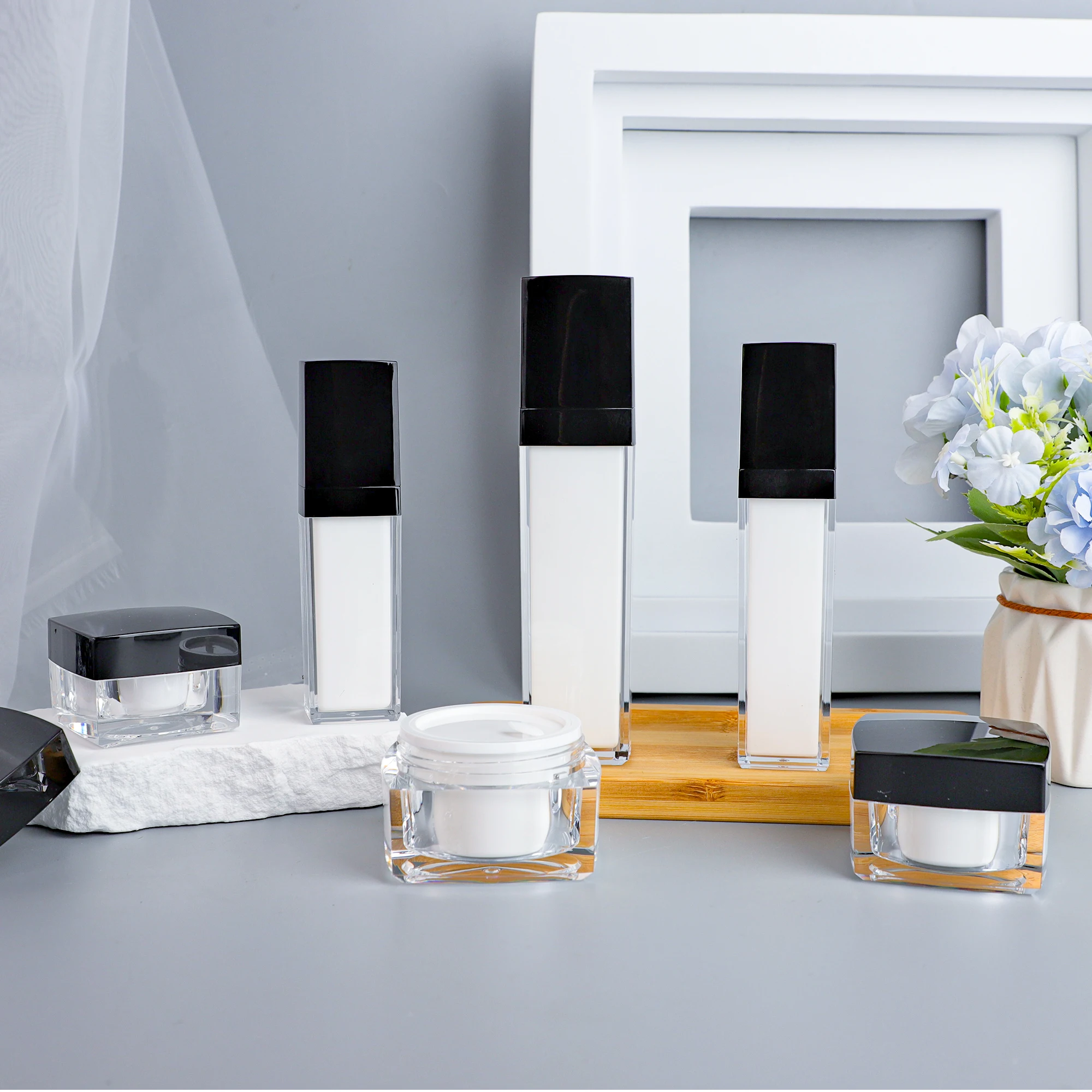 cosmetics transparent empty square packaging 15ml 30ml 50ml 100ml serum lotion foundation make-up plastic bottle, with pump