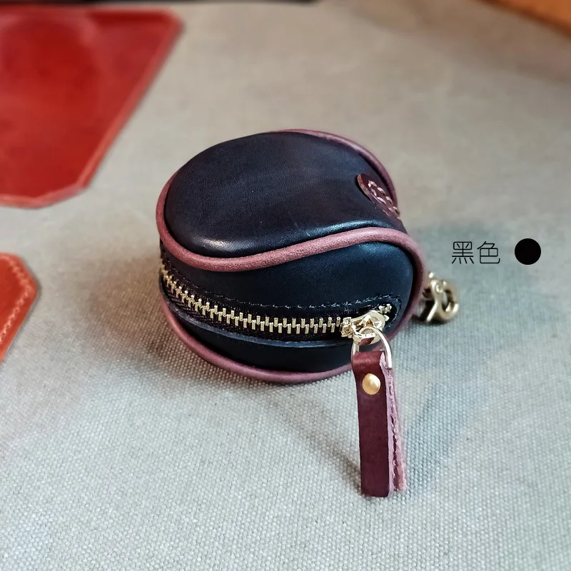 2024 Wholesale leather retro compact cowhide earphone storage bag men and women genuine oil waxed leather mini coin wallet purse