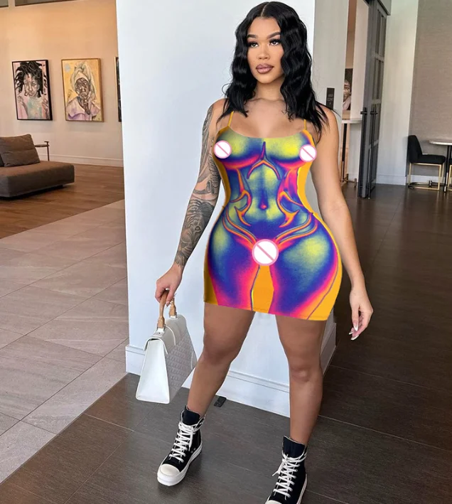 Sexy Club Night Wear Bodycon Short Dresses For Women 2023 Fashion Sleeveless Sling 3D Body Shape Print Slim Mini Dress Summer