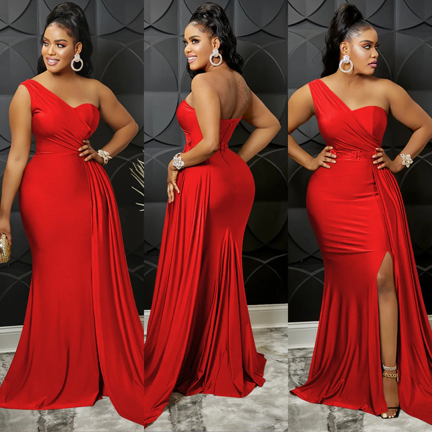 European And American Style Slash Neck High Slit Solid Red Dresses Women Party Evening Elegant Casual Dress