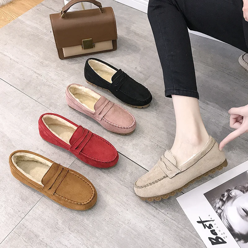 2021 winter new solid color light mouth beanie shoes ladies lazy flat beef tendon soft bottom plus velvet mom cotton shoes