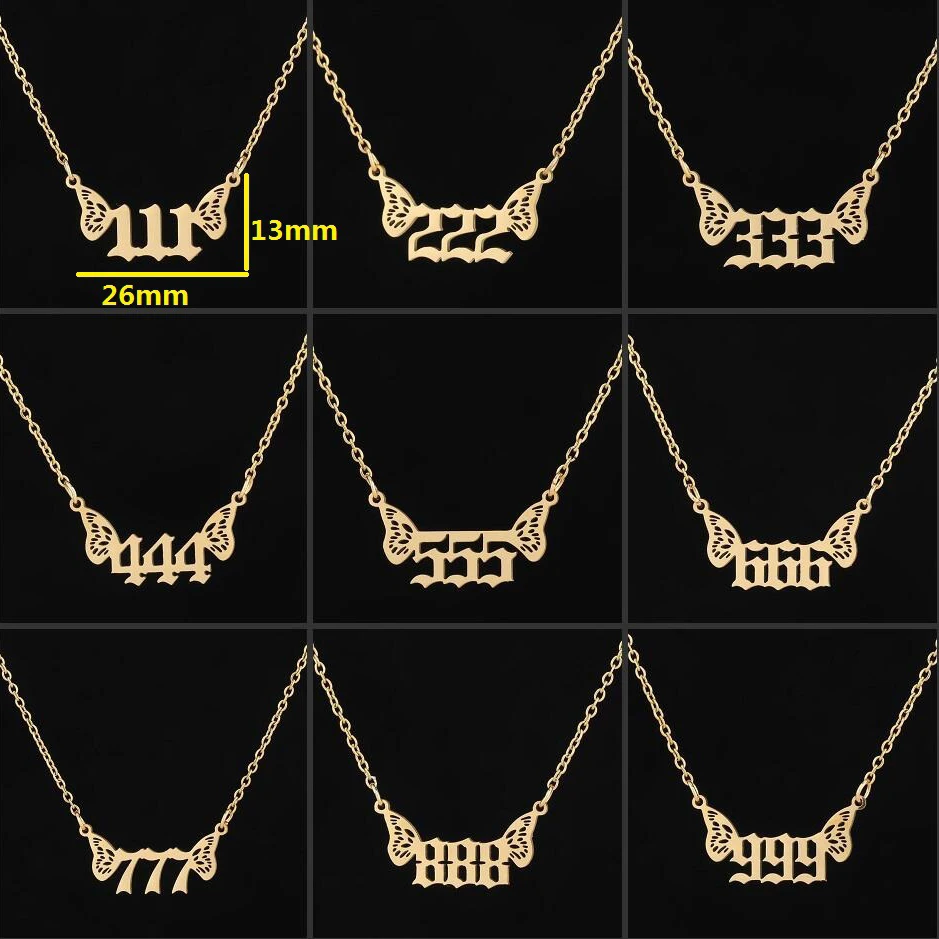 Wholesale Non Tarnish Silver 18k Gold Plated Stainless Steel Wing 000-999 Pendant Women Lucky Angel Number Necklace Jewelry