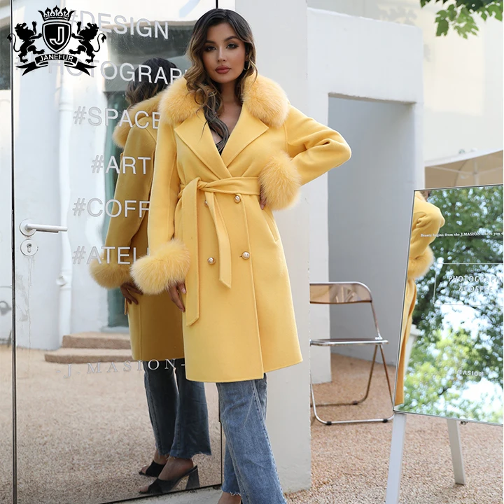 New Design Loose Size Cashmere Coat Luxury Fox Fur Collar Winter Belt Oversize Double Faced Wool Coats Women