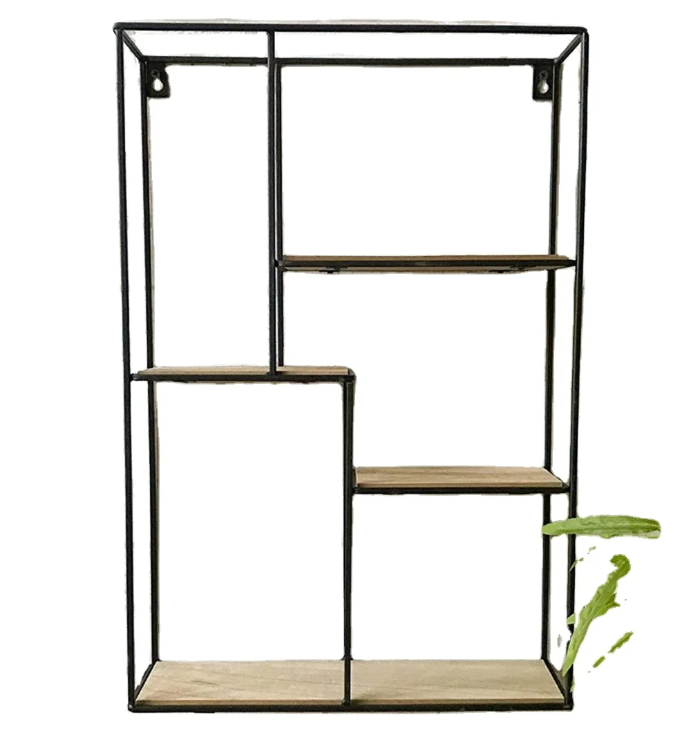 Простой металлический и деревянный прямоугольный настенный блок с полками