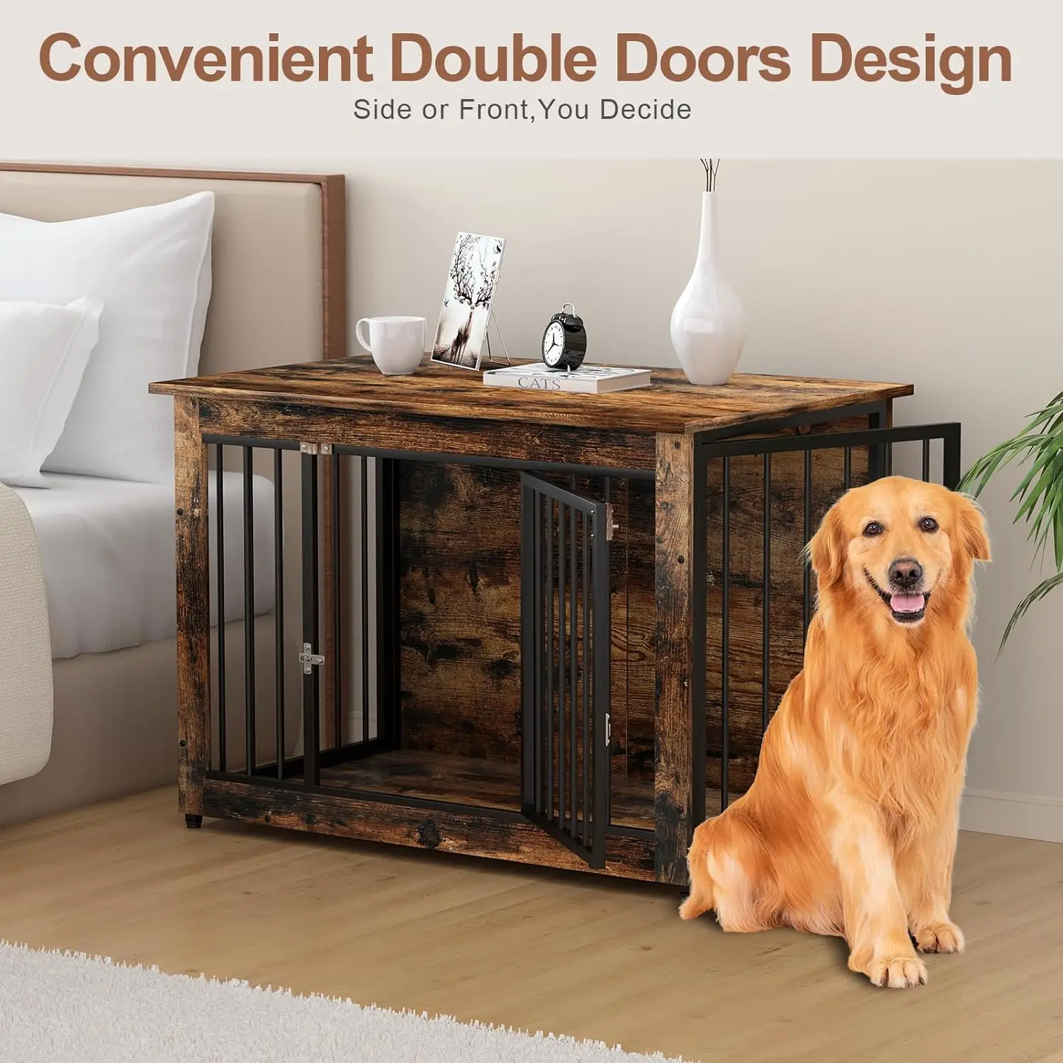 Wholesale Heavy Kennel Duty Furniture Style wooden Dog Cage For Large Dogs Adjustable Indoor Double-Doors Dog House