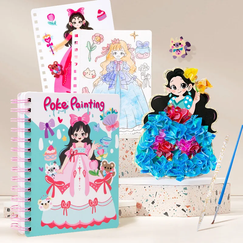 3 in 1 Drawing Book for Girls, Princess Dress-up Activity Book, Stickers, Poking, Puzzle Puncture Painting, Kids DIY Craft Kit