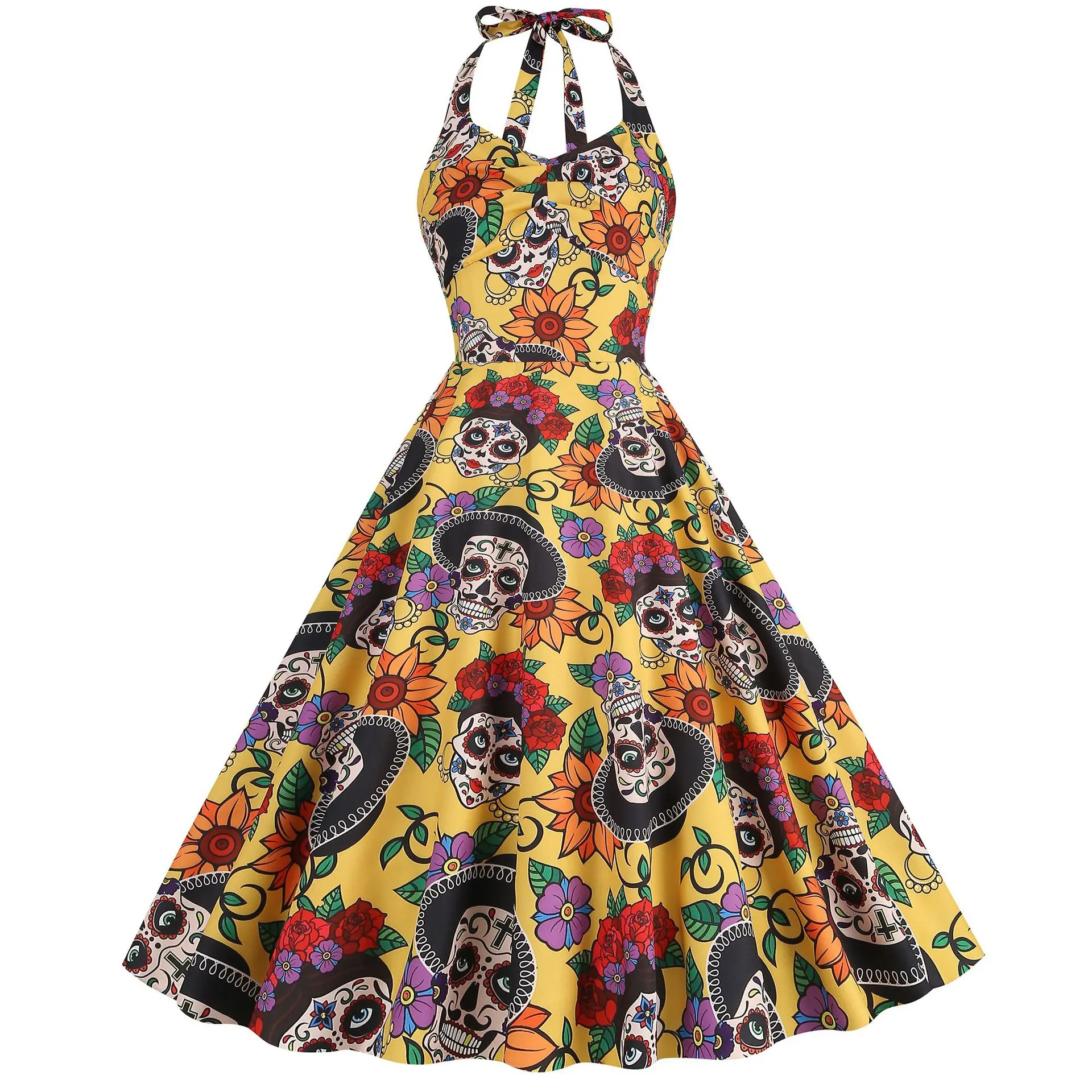 Women Robe Swing Skull Print Scarey Halloween Costumes Midi Vestidos Sexy Halter Strapless Gothic Retro Rave Party Dresses