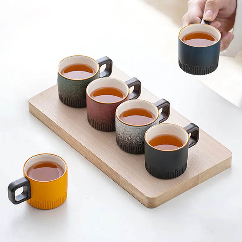 Japanese Delicate Ceramic Small Cup Gift Box Set Porcelain with Wooden Handle Gradient Glaze for Coffee Tea Espresso Milk