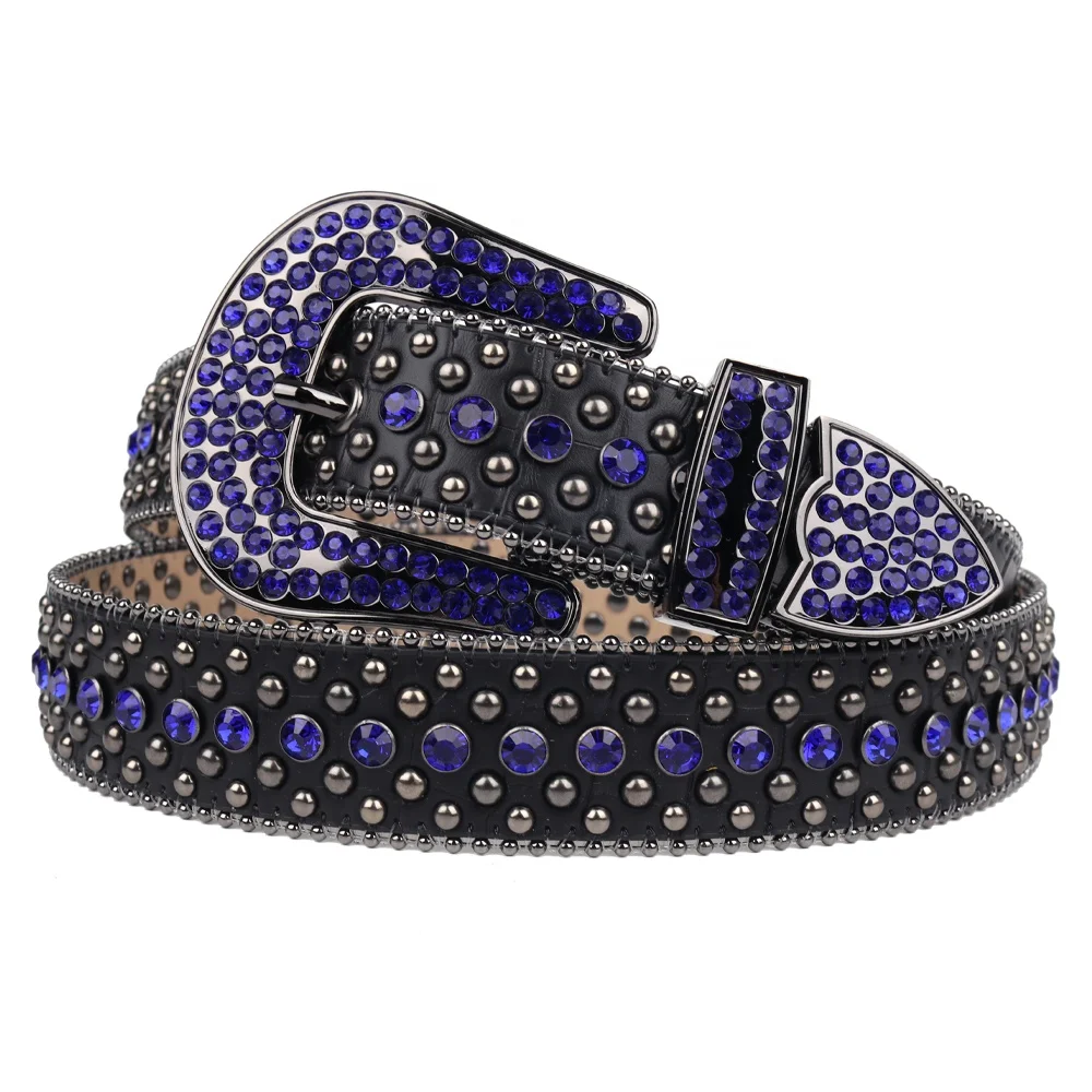 TENGMEI Retro Black Bling Bling Rhinestone Belt With Blue Diamonds And Round Rivets