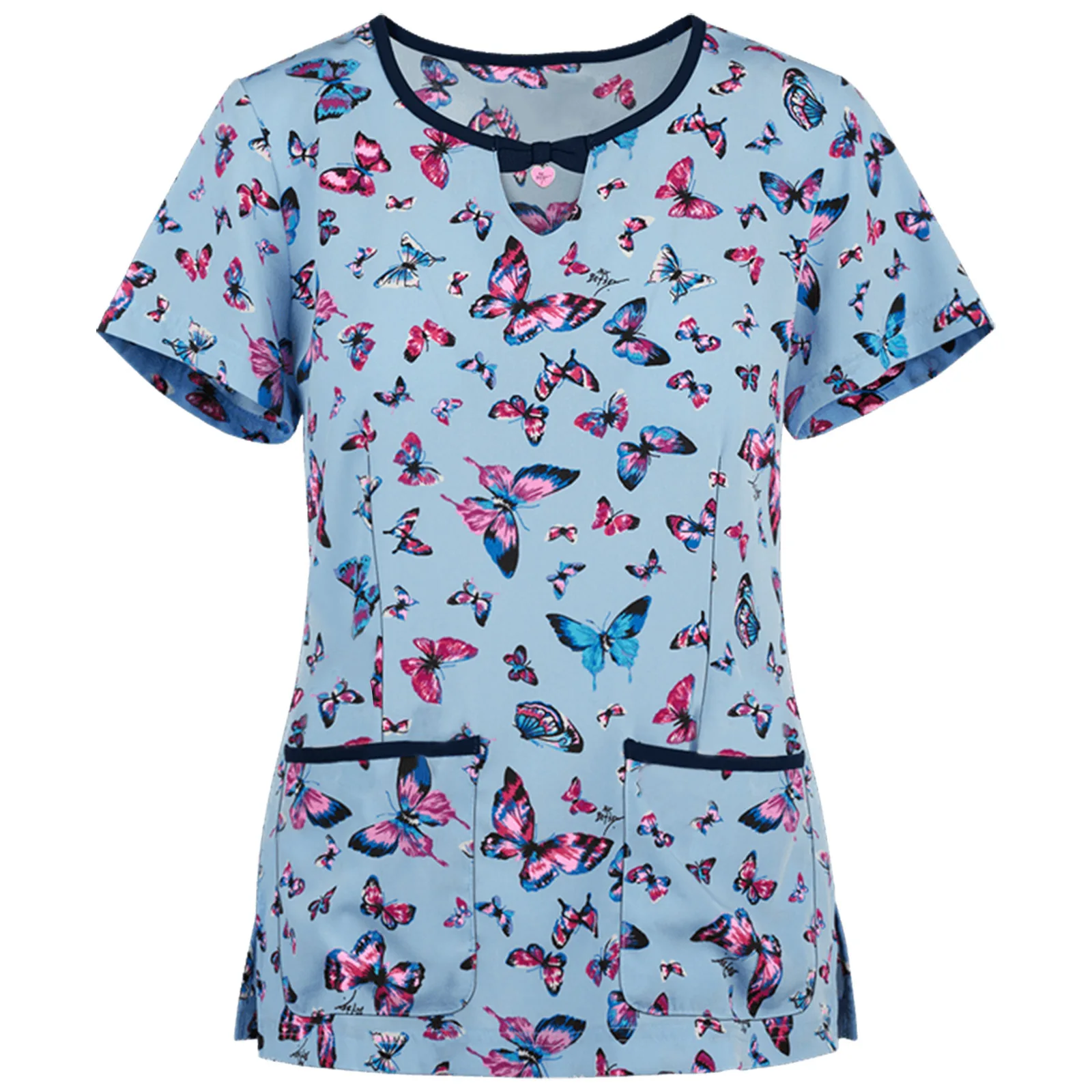 Oem Butterfly flora Print Medical Clothing Hospital Uniform Custom V-neck Print Nurse Scrub Top