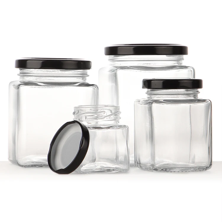 Square Honey Storage Bottles 200ml 280ml 380ml Jam Food Glass Jars For Sauce Honey Glass Jars With Deep Metal Lid