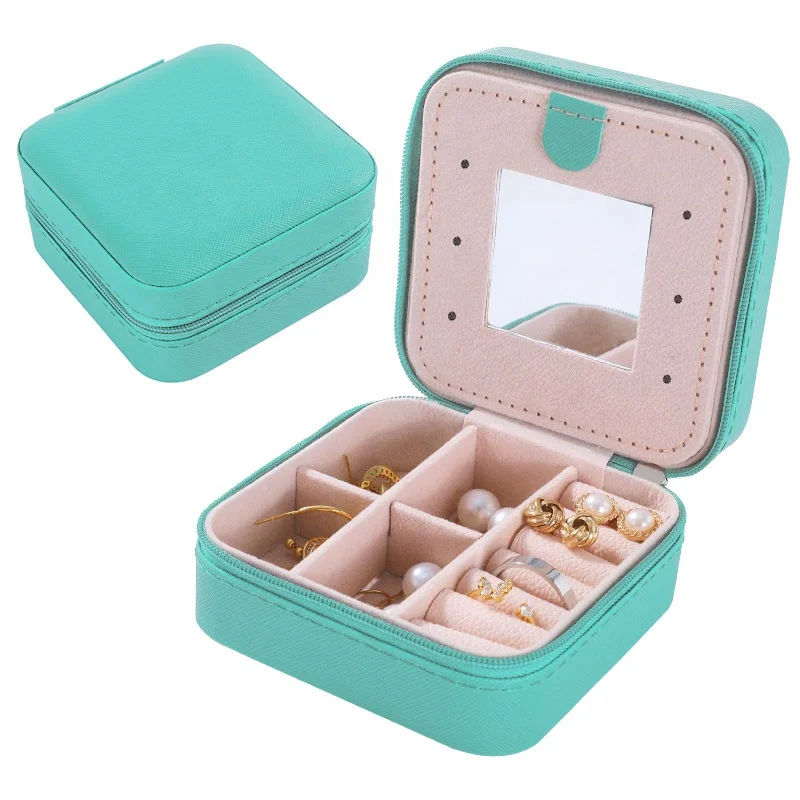 Luxury Portable Travel Storage Jewelry Accessories Gift Boxes Rings Earrings Necklaces Organizer Zipper Jewelry Box with Mirror
