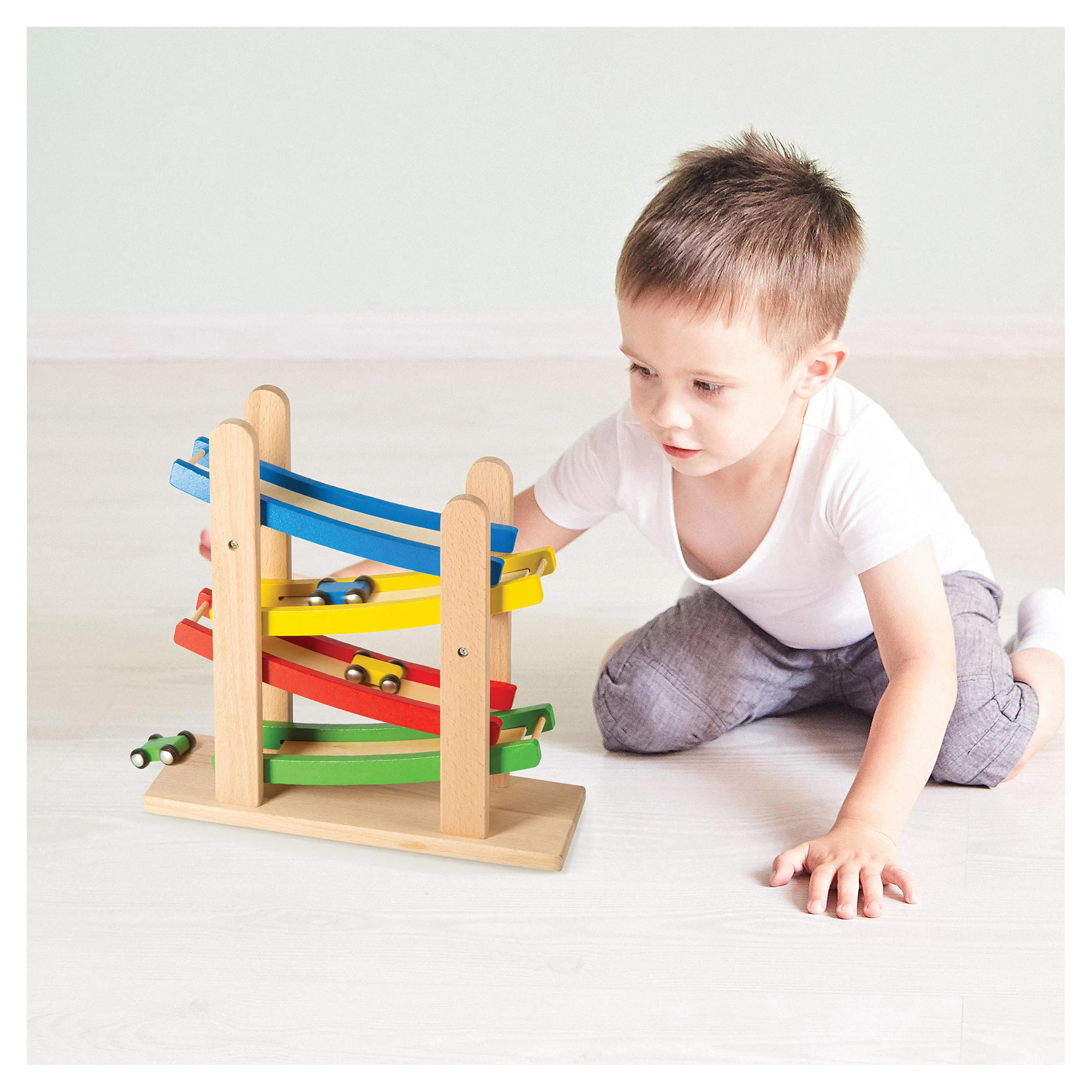 Wooden Car Ramps Race for Kids Toddler Ramp Racer Set with 4 Mini Cars Wooden Race Track Car Montessori Toy for 1-3 Years