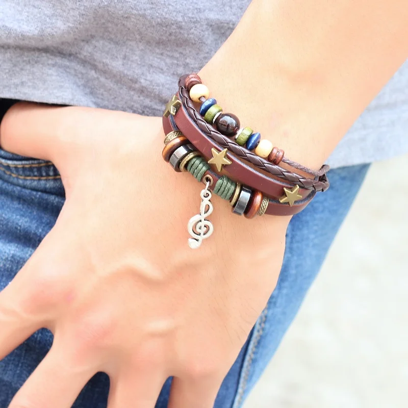 Women men crystal bead wood beads hemp rope braided multilayer metal stars leather bracelet with musical note pendant