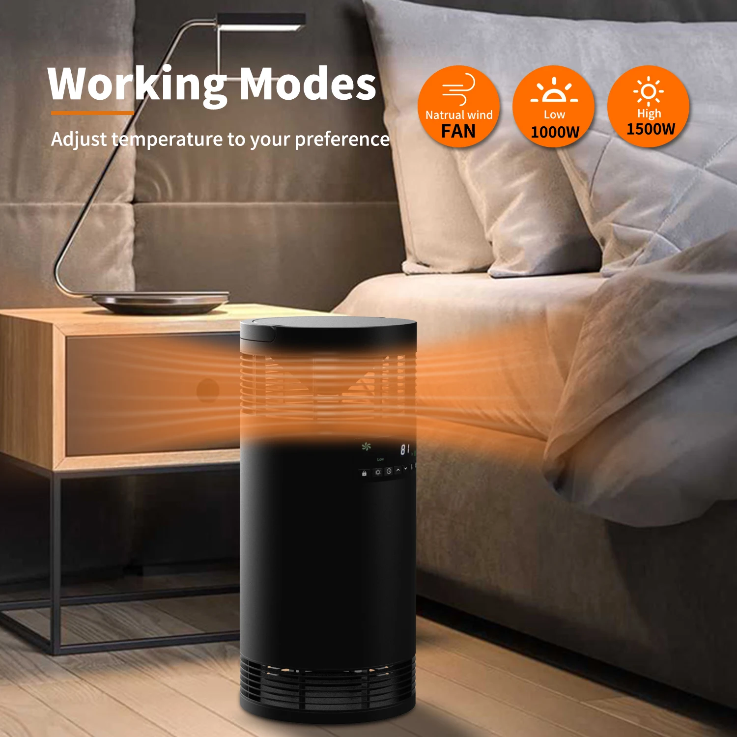 Auto Thermostat 1000W/1500W ECO Bedroom Living Room Ceramic Heating Element Space Electric Cabinet Tower Heater with Handle
