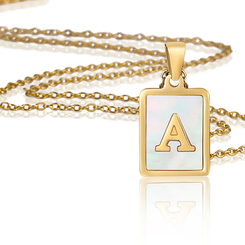 Vintage 18K Gold Stainless Steel A-Z Initial Letter Necklace Alphabet Rectangle Natural Shell Initial Pendant Necklace For Women